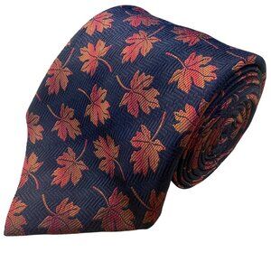 Ben Silver Mens Navy & Red 100% Silk Floral Handmade Tie Autumn Leaf Pattern